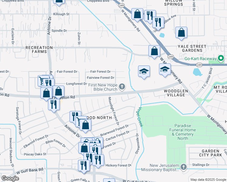 map of restaurants, bars, coffee shops, grocery stores, and more near 8818 Trailridge Forest Drive in Houston