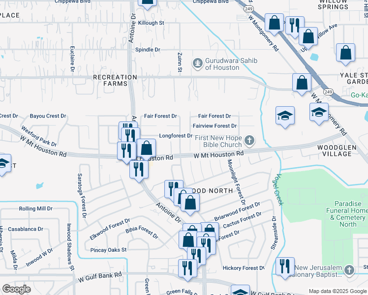 map of restaurants, bars, coffee shops, grocery stores, and more near 8826 Lakeside Forest Drive in Houston