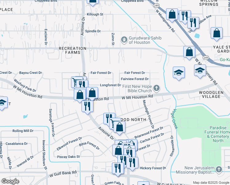 map of restaurants, bars, coffee shops, grocery stores, and more near 5711 Longforest Drive in Houston