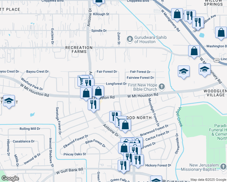 map of restaurants, bars, coffee shops, grocery stores, and more near 5711 Longforest Drive in Houston