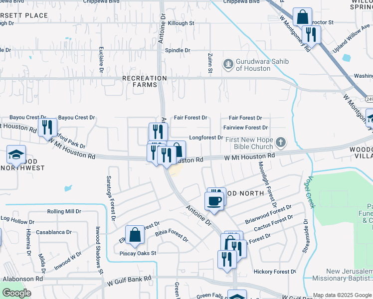 map of restaurants, bars, coffee shops, grocery stores, and more near 5807 Longforest Drive in Houston