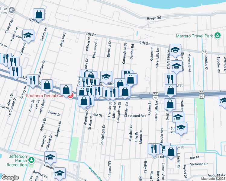 map of restaurants, bars, coffee shops, grocery stores, and more near 717 Francis Street in Marrero