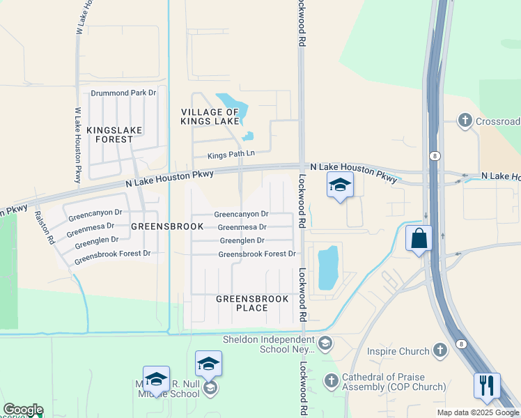 map of restaurants, bars, coffee shops, grocery stores, and more near 12427 Greencanyon Drive in Houston