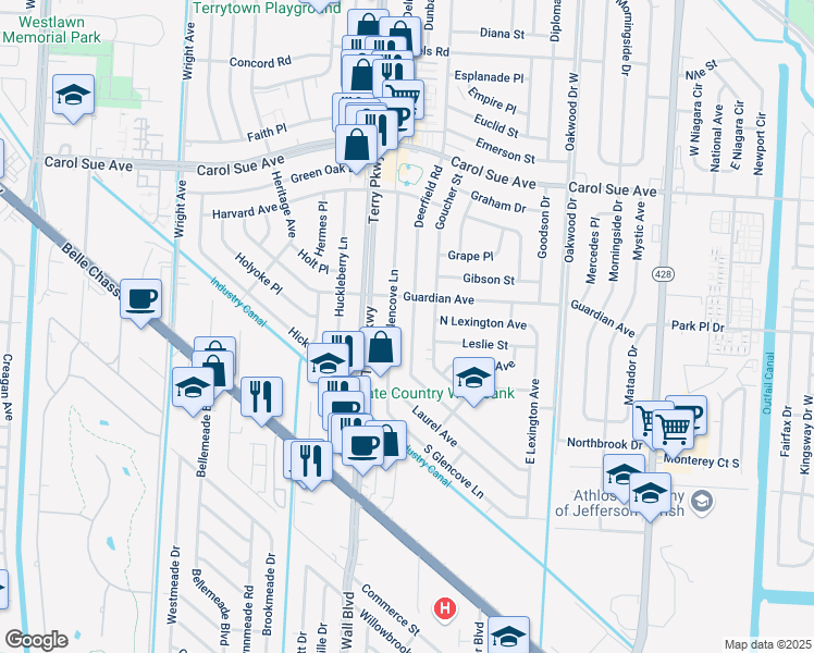 map of restaurants, bars, coffee shops, grocery stores, and more near 805 Lamar Avenue in Terrytown