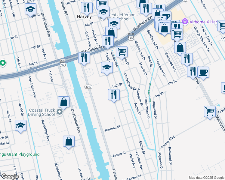 map of restaurants, bars, coffee shops, grocery stores, and more near 1136 Pailet Avenue in Harvey