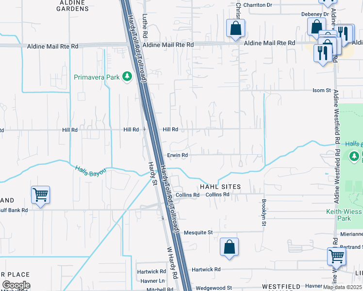 map of restaurants, bars, coffee shops, grocery stores, and more near 1414 Hill Road in Houston