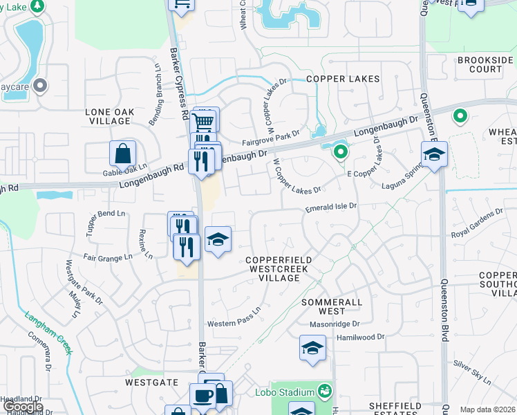 map of restaurants, bars, coffee shops, grocery stores, and more near 17623 Cottonwood Trail Lane in Houston