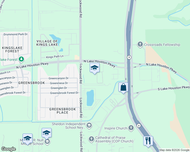 map of restaurants, bars, coffee shops, grocery stores, and more near 11810 Lockwood Road in Houston
