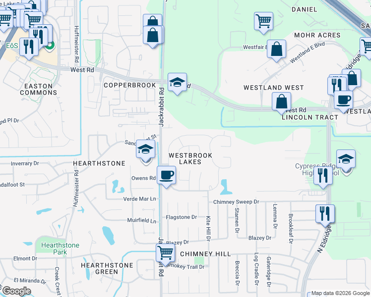 map of restaurants, bars, coffee shops, grocery stores, and more near 13837 Brannon Field Lane in Houston