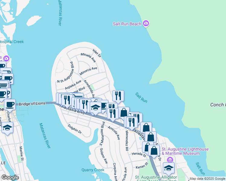 map of restaurants, bars, coffee shops, grocery stores, and more near 80 Comares Avenue in St. Augustine