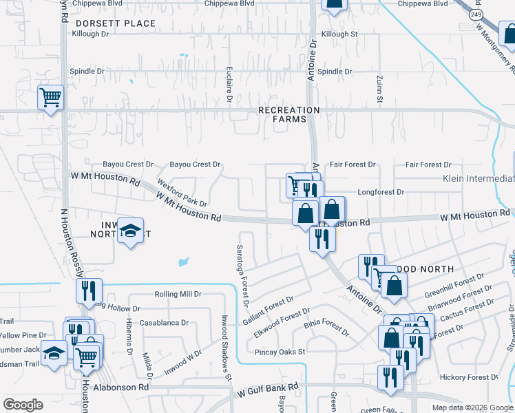 map of restaurants, bars, coffee shops, grocery stores, and more near 8907 Arcidian Forest Drive in Houston