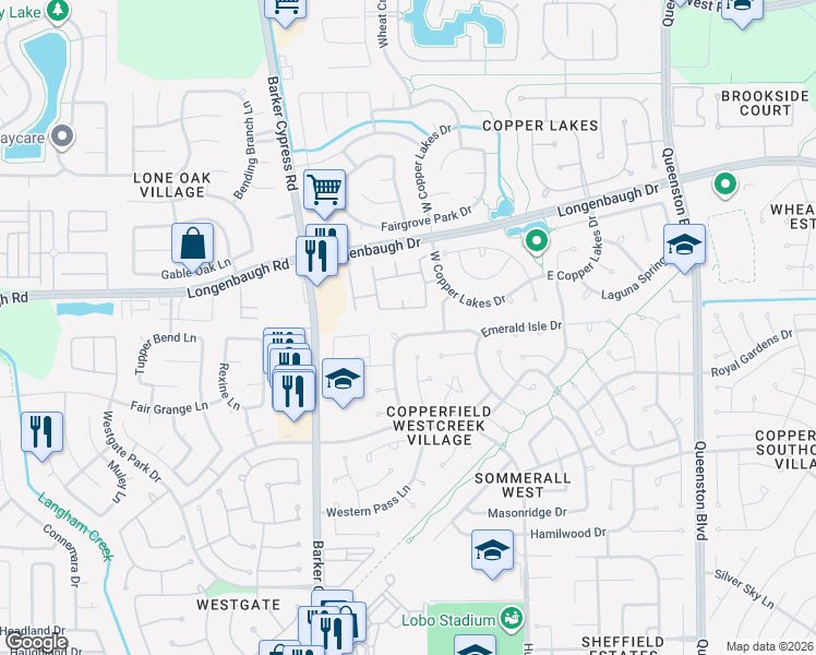 map of restaurants, bars, coffee shops, grocery stores, and more near 17623 Cottonwood Trail Lane in Houston