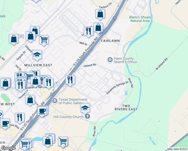 map of restaurants, bars, coffee shops, grocery stores, and more near 5 United Drive in San Marcos