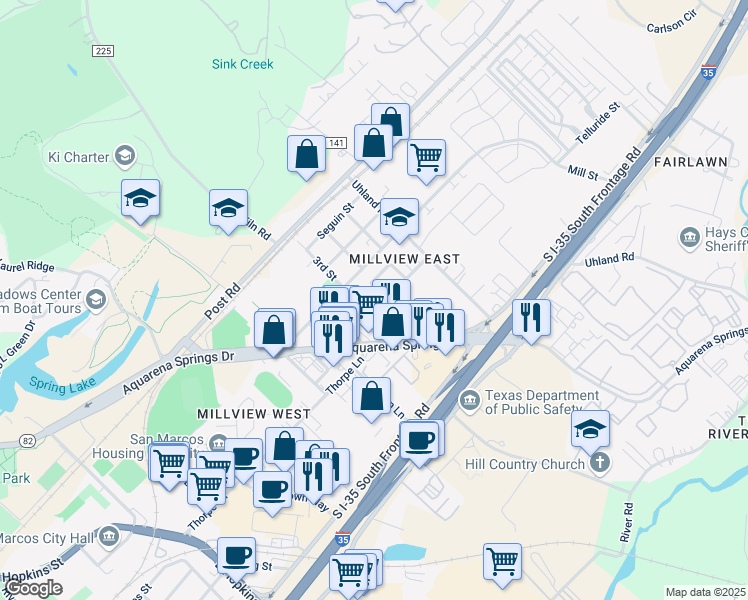 map of restaurants, bars, coffee shops, grocery stores, and more near 109 West Avenue in San Marcos