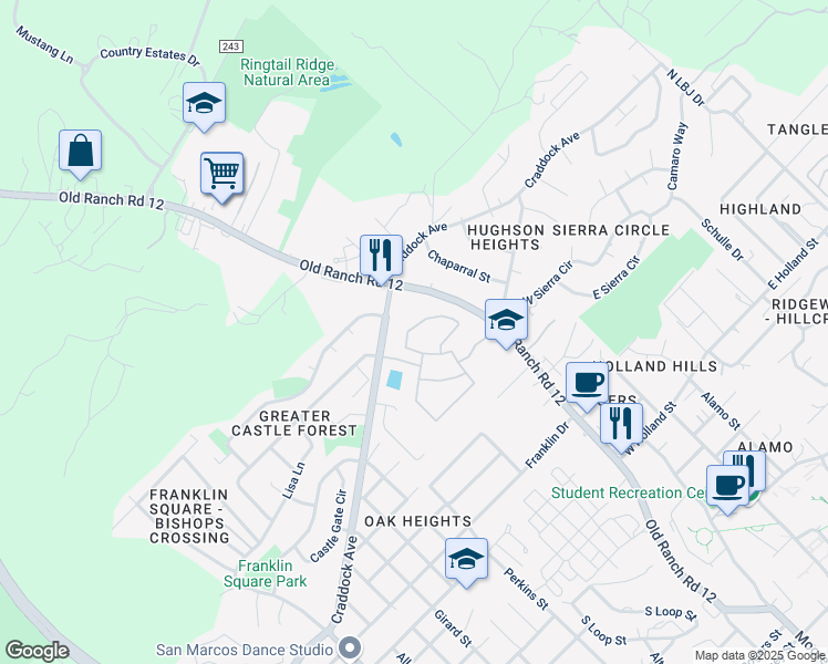 map of restaurants, bars, coffee shops, grocery stores, and more near 512 Craddock Avenue in San Marcos
