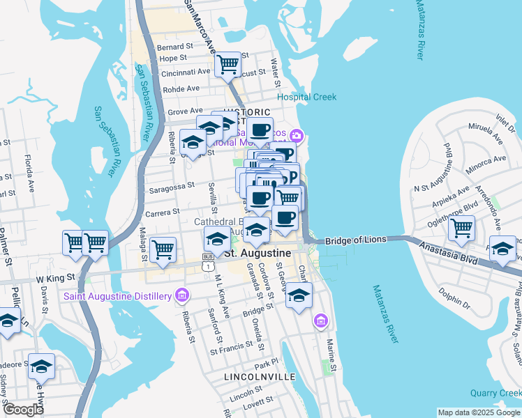 map of restaurants, bars, coffee shops, grocery stores, and more near 98 Saint George Street in St. Augustine