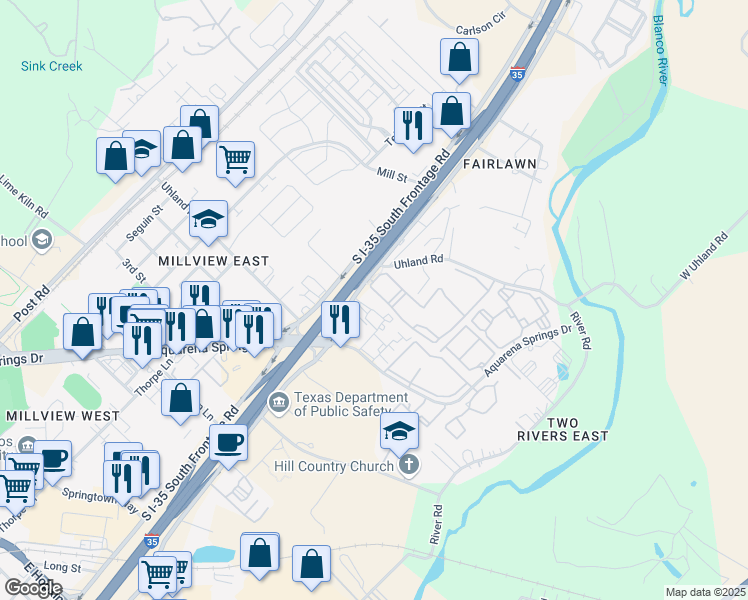 map of restaurants, bars, coffee shops, grocery stores, and more near 1606 North Interstate 35 Frontage Road in San Marcos