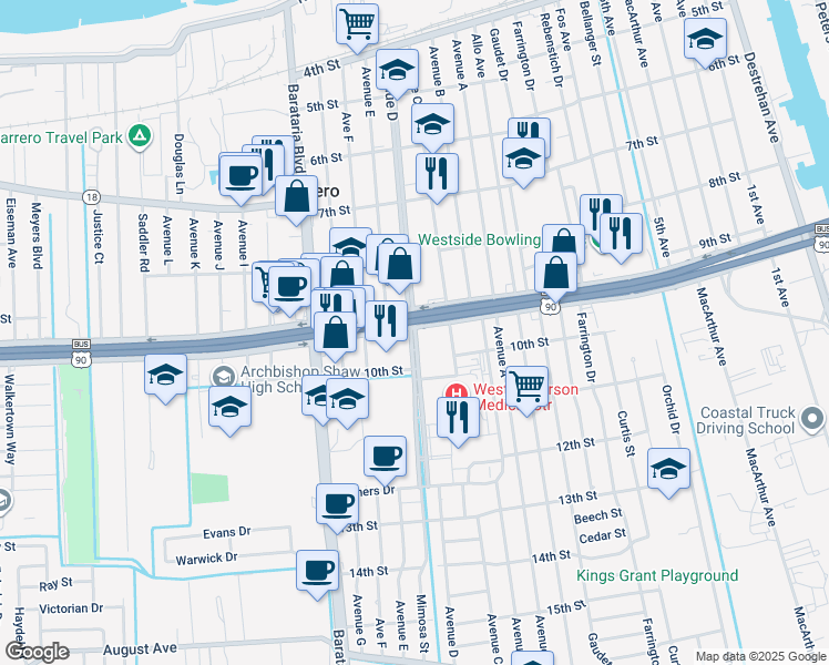 map of restaurants, bars, coffee shops, grocery stores, and more near in Marrero