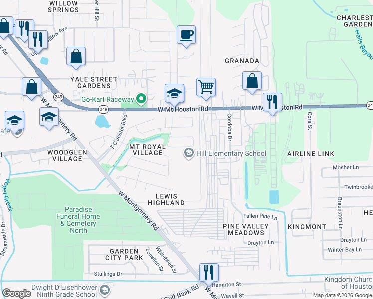 map of restaurants, bars, coffee shops, grocery stores, and more near 2634 Royal Sage Drive in Houston