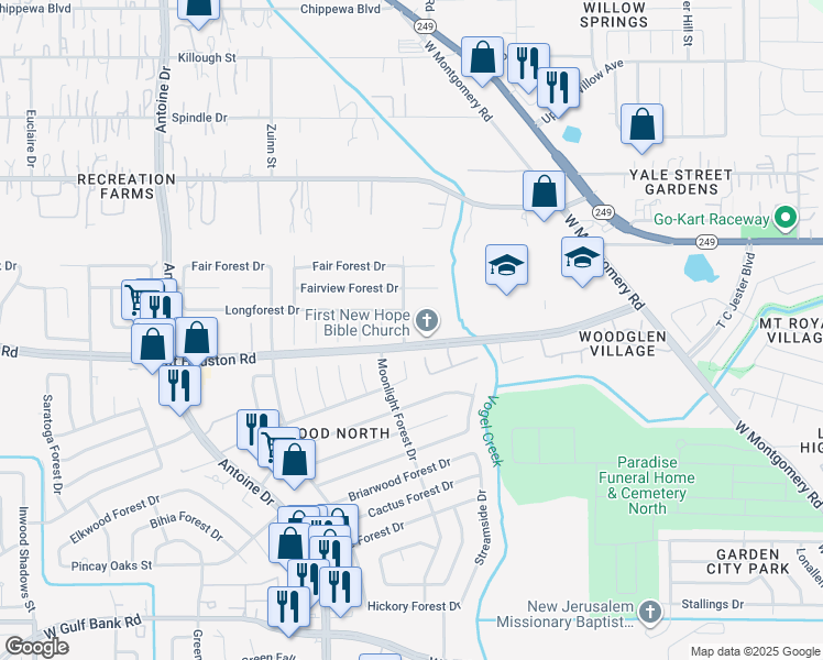 map of restaurants, bars, coffee shops, grocery stores, and more near 8818 Trailridge Forest Drive in Houston