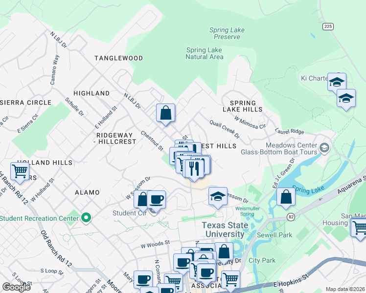 map of restaurants, bars, coffee shops, grocery stores, and more near 918 North LBJ Drive in San Marcos