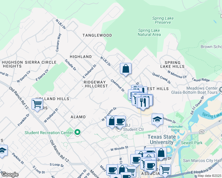 map of restaurants, bars, coffee shops, grocery stores, and more near 102 Windmill Drive in San Marcos