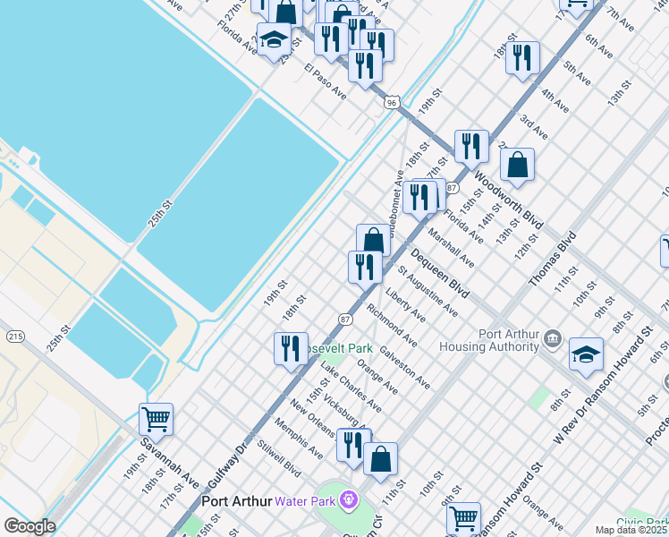 map of restaurants, bars, coffee shops, grocery stores, and more near 1821 Liberty Avenue in Port Arthur