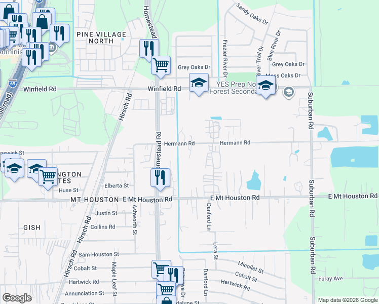 map of restaurants, bars, coffee shops, grocery stores, and more near 6112 Hermann Road in Houston