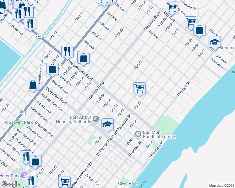 map of restaurants, bars, coffee shops, grocery stores, and more near 2915 10th Street in Port Arthur