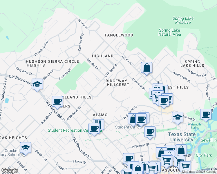 map of restaurants, bars, coffee shops, grocery stores, and more near 124 Ridgeway Drive in San Marcos