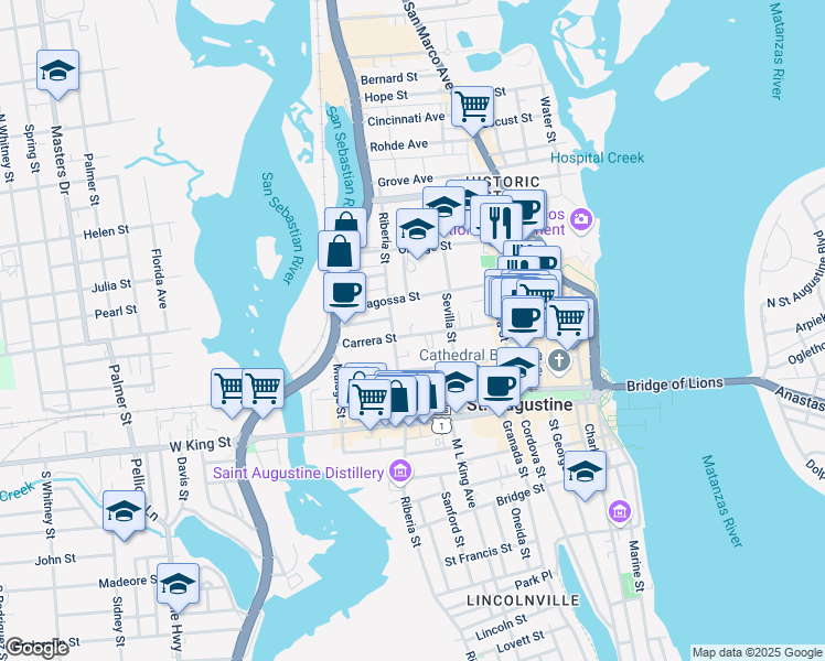 map of restaurants, bars, coffee shops, grocery stores, and more near 42 Carrera Street in St. Augustine