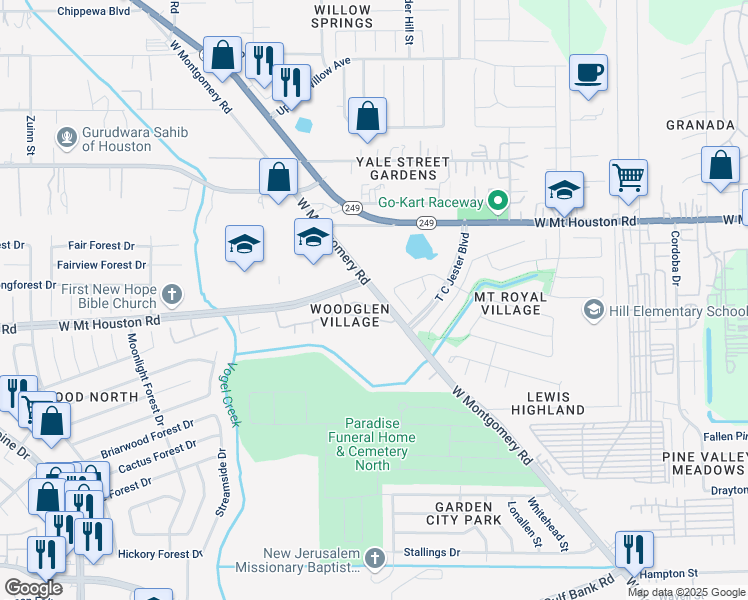 map of restaurants, bars, coffee shops, grocery stores, and more near 11111 West Montgomery Road in Houston