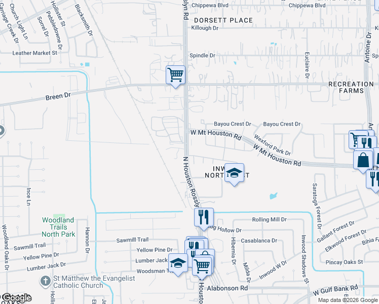 map of restaurants, bars, coffee shops, grocery stores, and more near 11117 North Houston Rosslyn Road in Houston