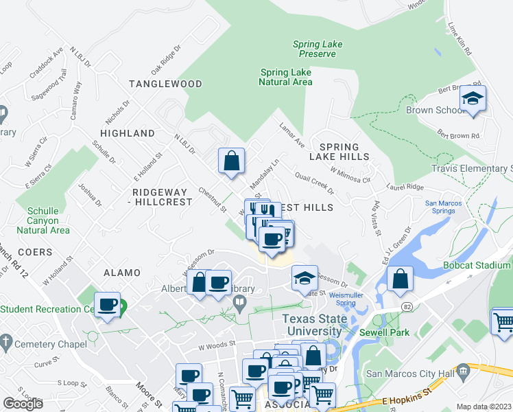 map of restaurants, bars, coffee shops, grocery stores, and more near 1000 North LBJ Drive in San Marcos