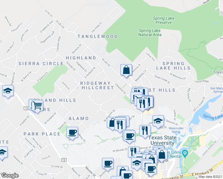 map of restaurants, bars, coffee shops, grocery stores, and more near 102 Windmill Drive in San Marcos