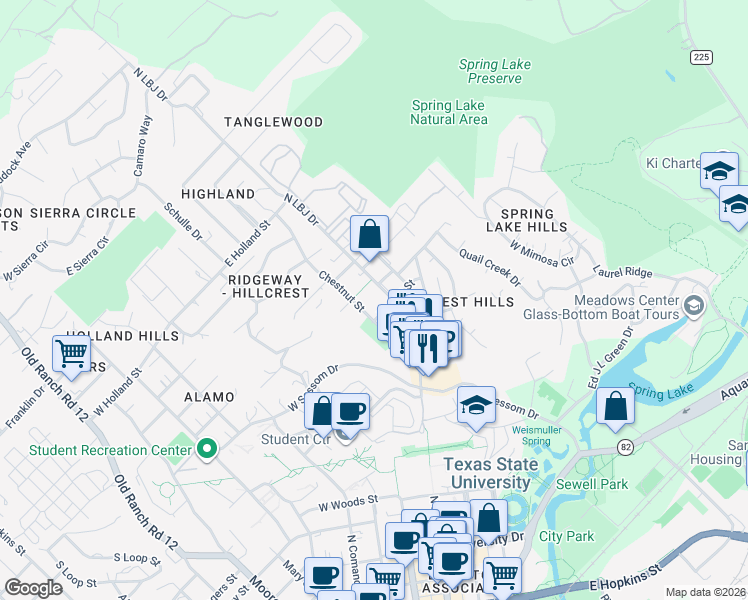 map of restaurants, bars, coffee shops, grocery stores, and more near 1011 North LBJ Drive in San Marcos