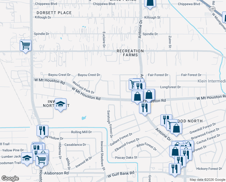 map of restaurants, bars, coffee shops, grocery stores, and more near 8907 Arcidian Forest Drive in Houston