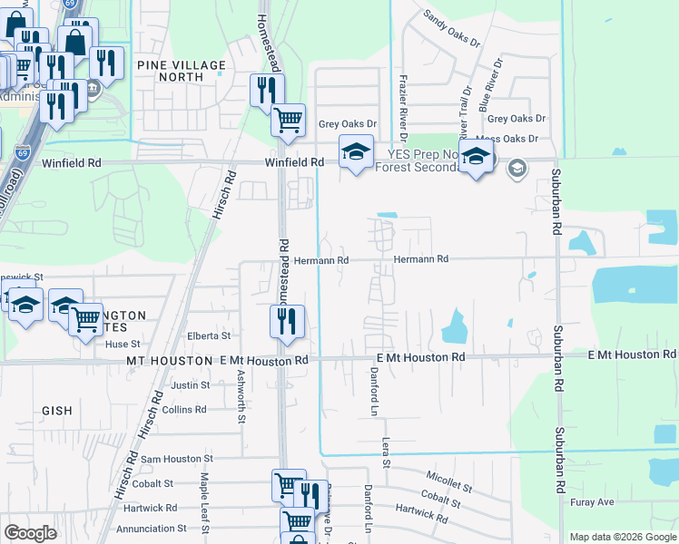 map of restaurants, bars, coffee shops, grocery stores, and more near 6112 Hermann Road in Houston