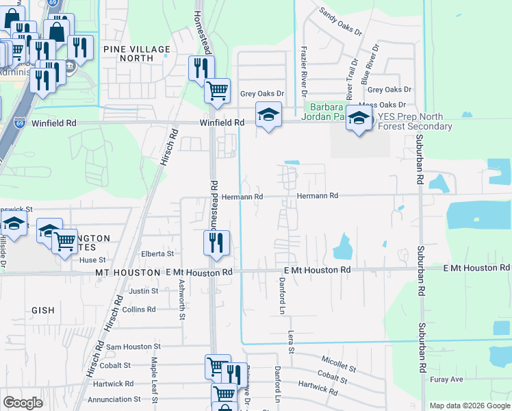 map of restaurants, bars, coffee shops, grocery stores, and more near 6112 Hermann Road in Houston