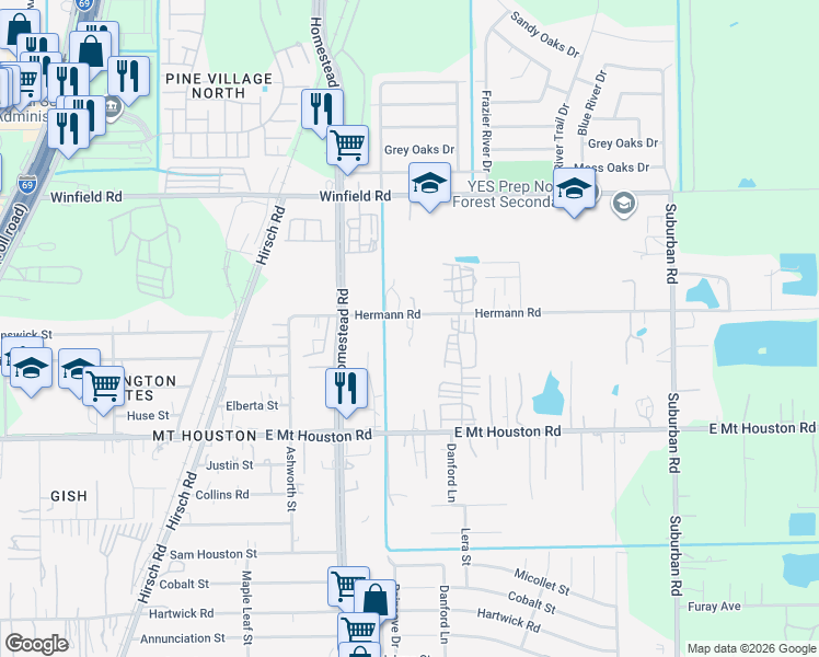 map of restaurants, bars, coffee shops, grocery stores, and more near 6112 Hermann Road in Houston