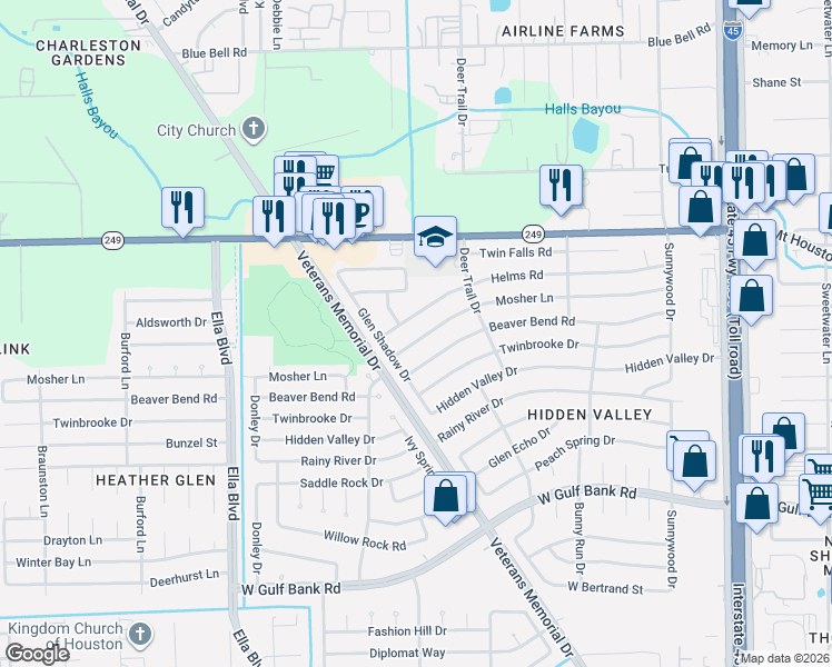 map of restaurants, bars, coffee shops, grocery stores, and more near 1302 Mosher Lane in Houston