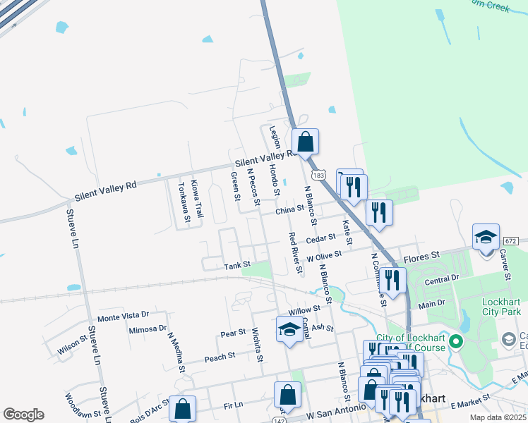 map of restaurants, bars, coffee shops, grocery stores, and more near 1205 North Pecos Street in Lockhart
