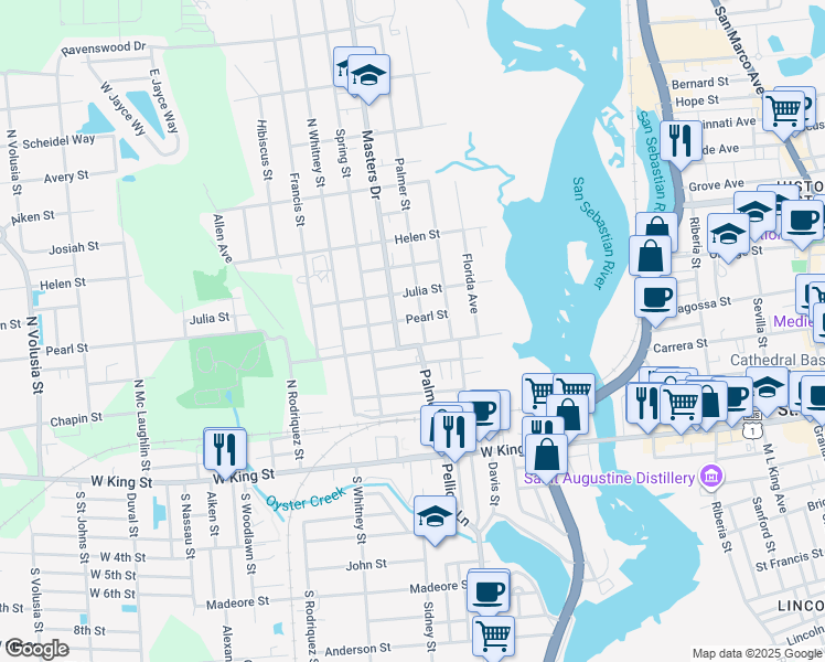 map of restaurants, bars, coffee shops, grocery stores, and more near 60 Palmer Street in St. Augustine