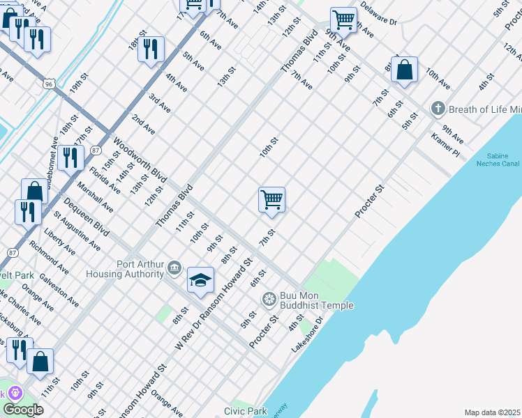 map of restaurants, bars, coffee shops, grocery stores, and more near 3015 8th Street in Port Arthur
