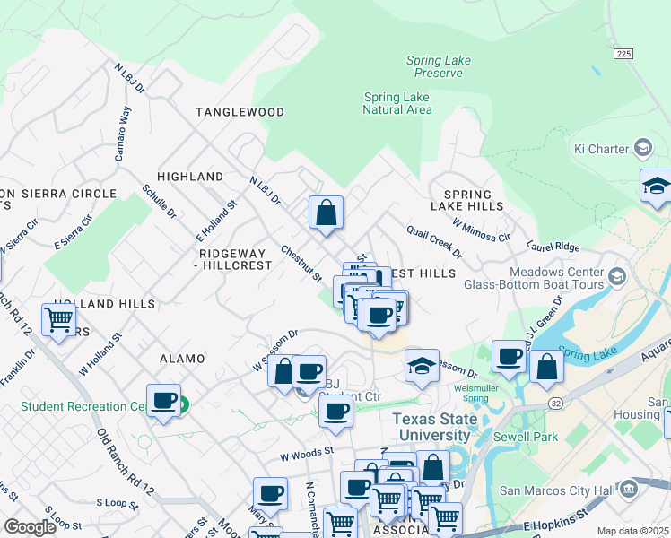 map of restaurants, bars, coffee shops, grocery stores, and more near 1005 North LBJ Drive in San Marcos