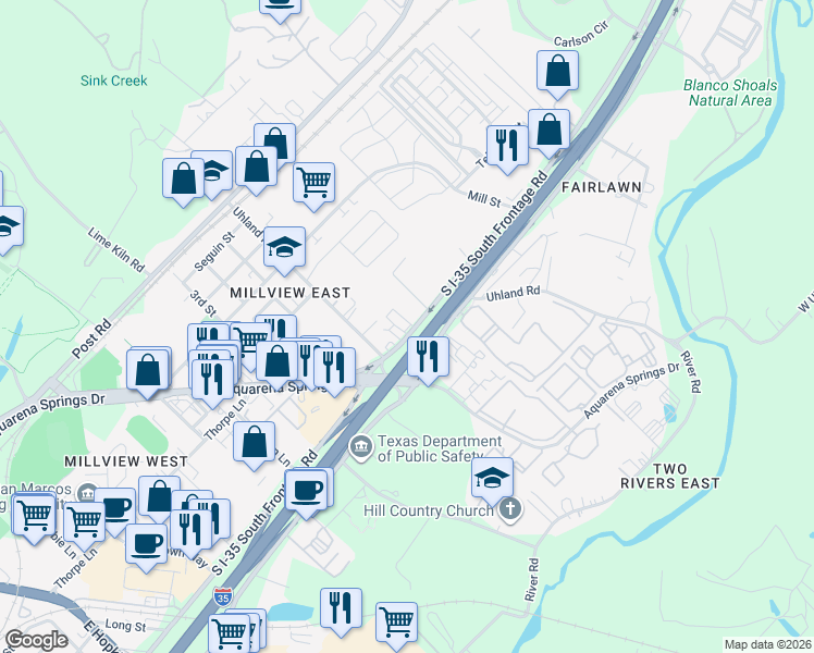 map of restaurants, bars, coffee shops, grocery stores, and more near 1611 North Interstate 35 in San Marcos