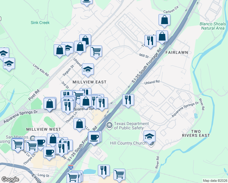 map of restaurants, bars, coffee shops, grocery stores, and more near 1611 North Interstate 35 in San Marcos