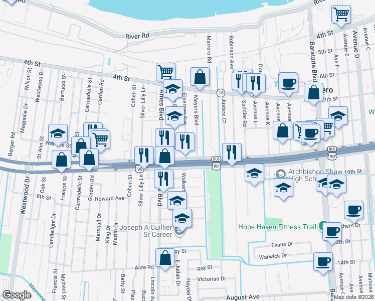 map of restaurants, bars, coffee shops, grocery stores, and more near 6007 Field Street in Marrero