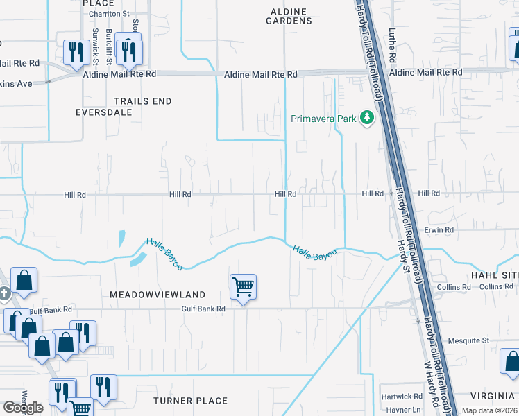 map of restaurants, bars, coffee shops, grocery stores, and more near 904 Hill Road in Houston