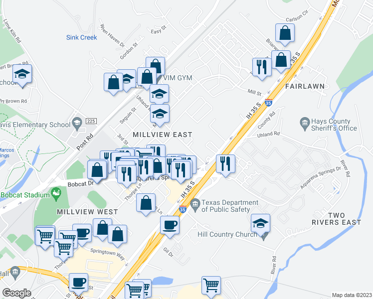 map of restaurants, bars, coffee shops, grocery stores, and more near 610 Uhland Road in San Marcos
